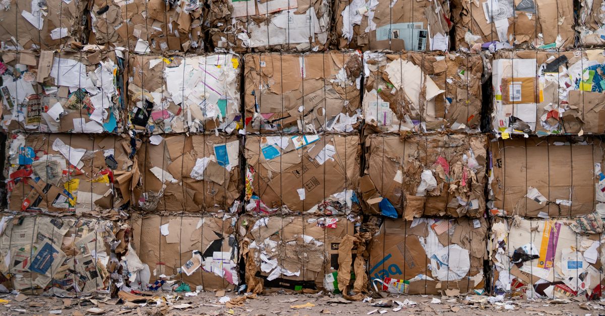 Balles de carton récupéré empilées pour leur prise en charge