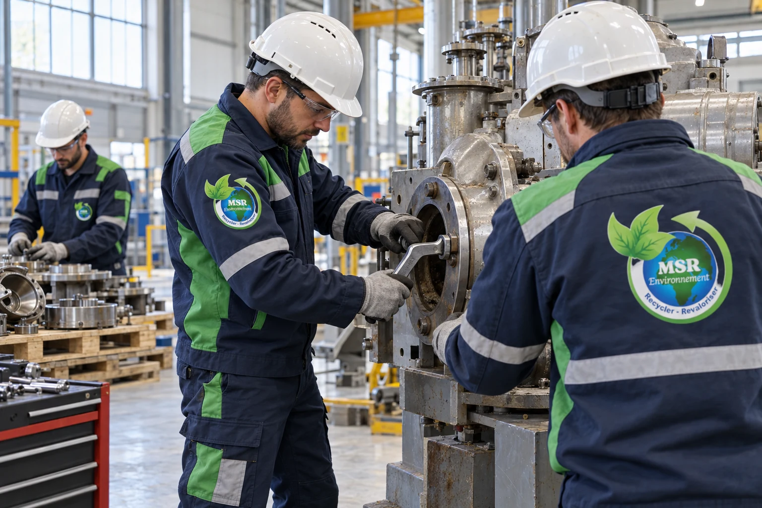 Techniciens en tenues MSR démontant une machine industrielle dans un atelier