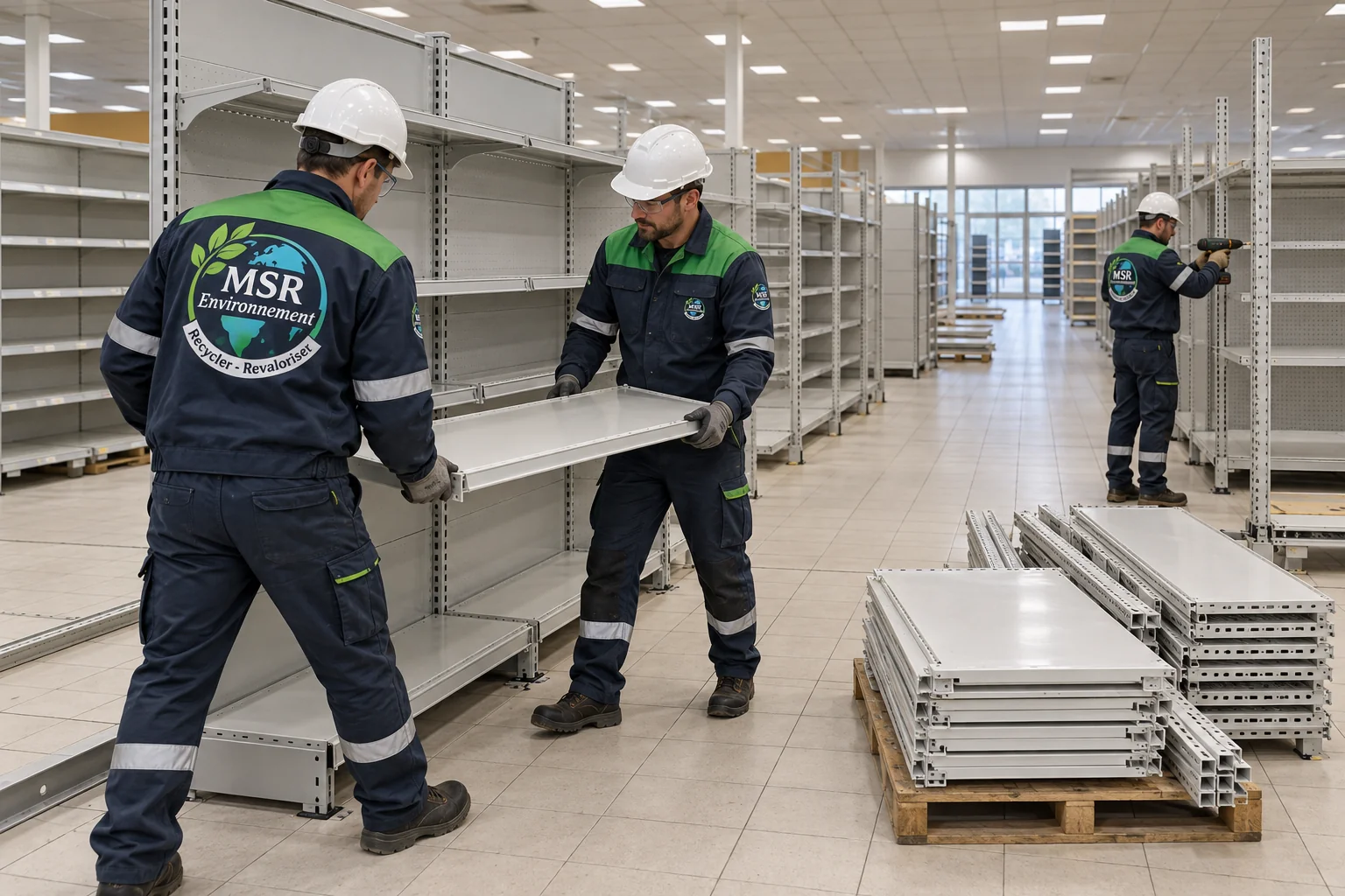 Trabajadores de MSR environnement retirando una balda en un supermercado vacío