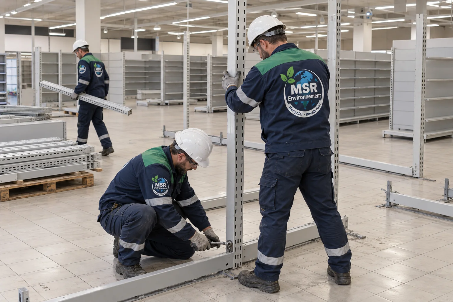 Técnicos de MSR environnement desmontando los montantes de estanterías en un supermercado sin productos