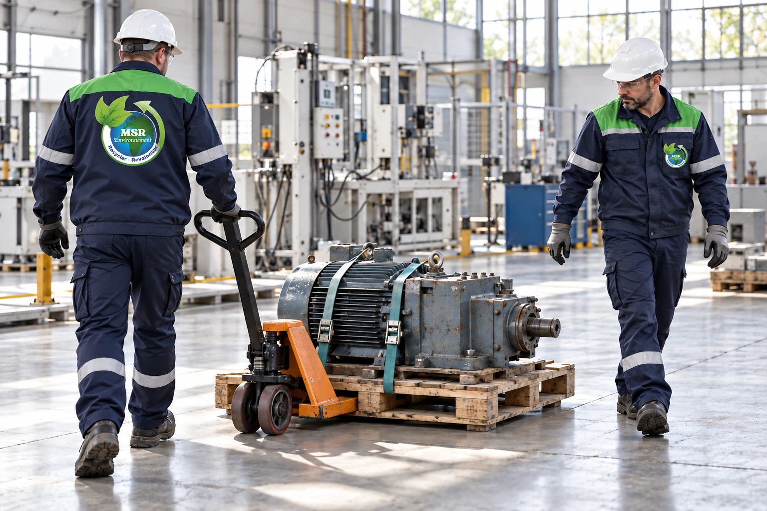 Deux techniciens en tenues MSR accompagnant l'enlèvement d'un moteur industriel fixé sur une palette