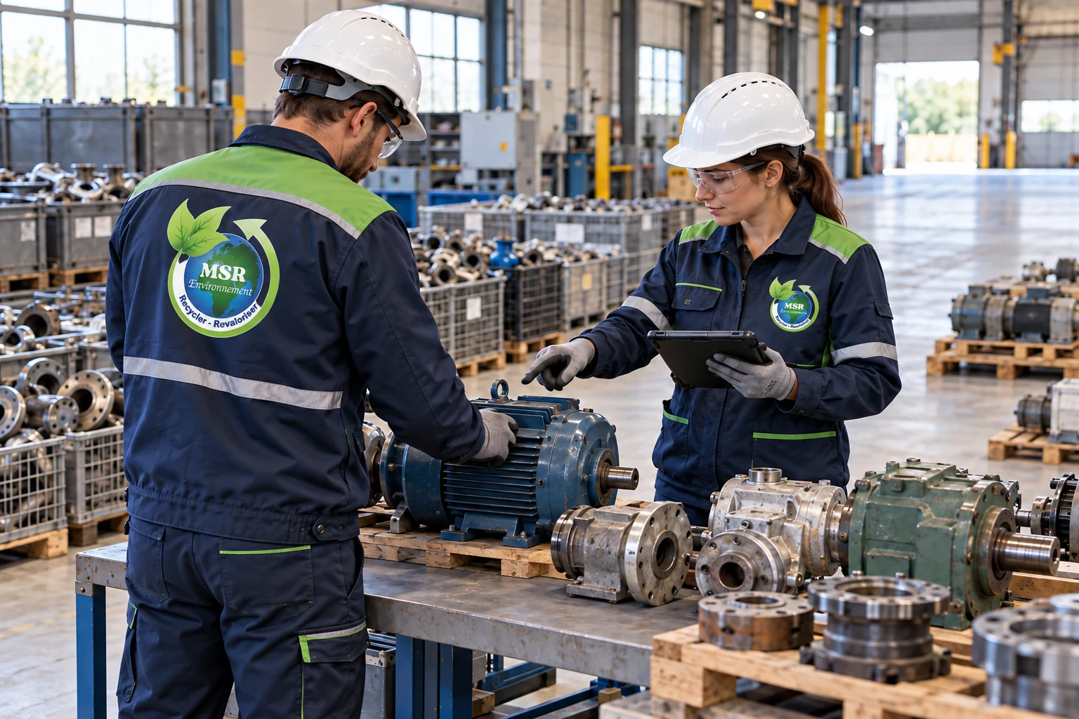 Techniciens en tenues MSR vérifiant et inventoriant des moteurs et équipements récupérés